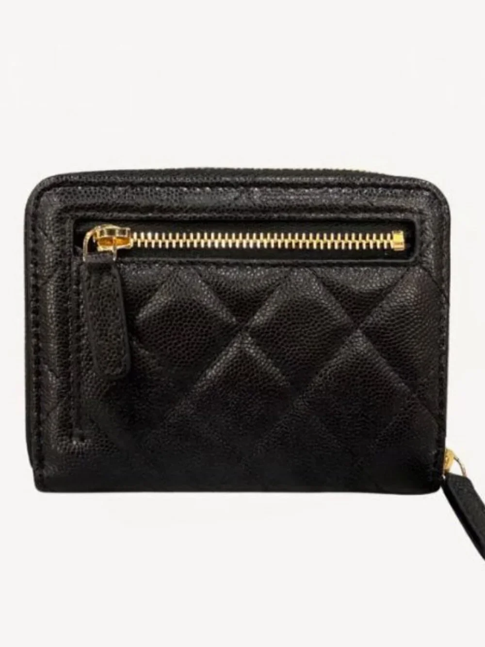 Authentic Chanel Small Zipped Pocket Wallet — Black Caviar Leather, Gold Hardwar